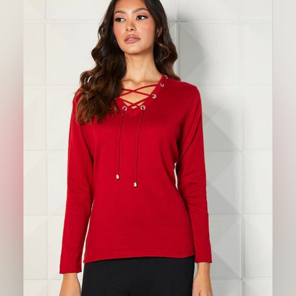 CALVIN KLEIN Red V-Neck Lace Tie Long Sleeve Sweater